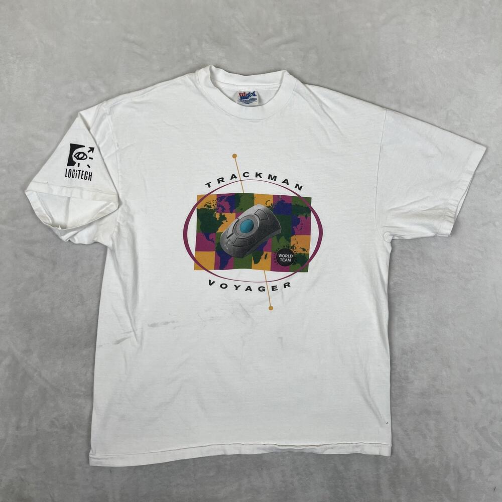 Vintage Logitech Trackman Voyager T-Shirt Mens L White Computer Mouse Tech Promo